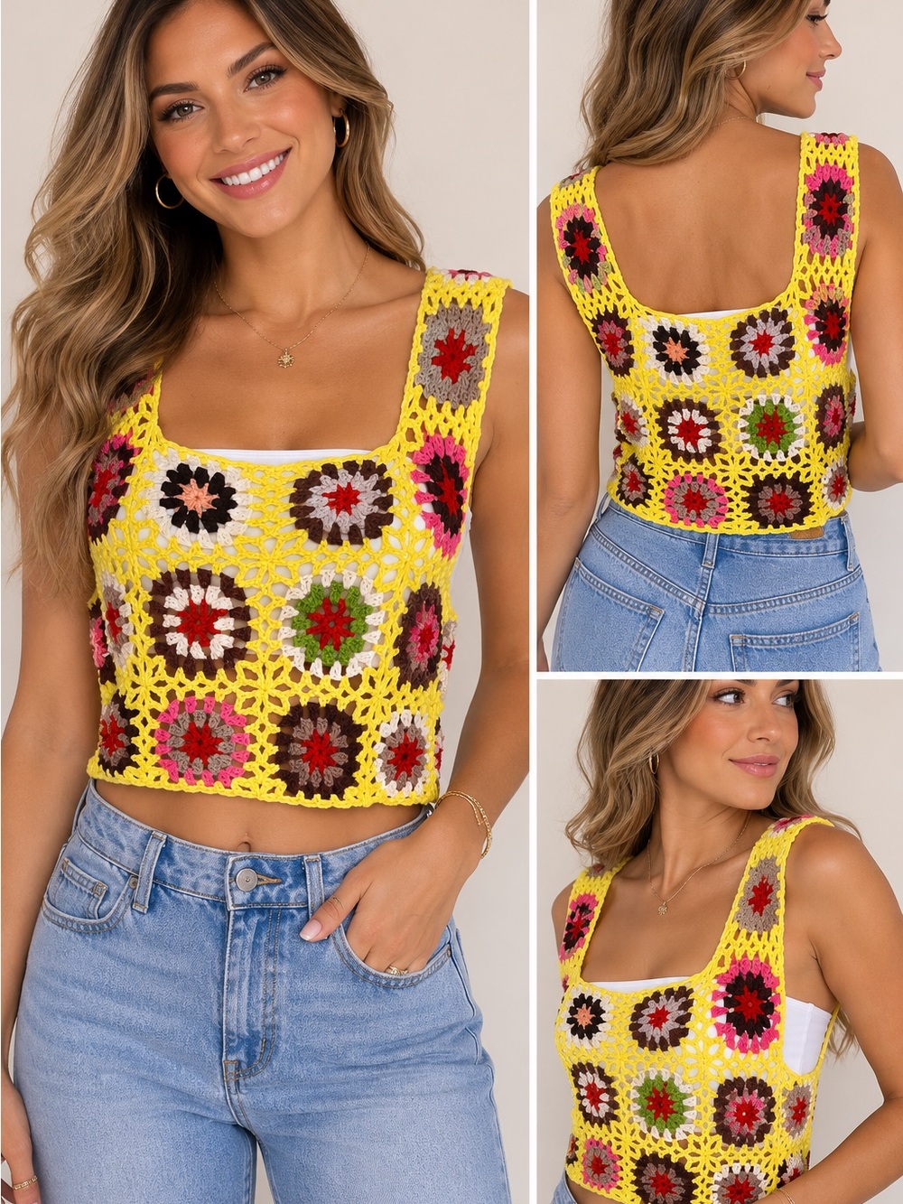 🌼 ADORA Crochet Granny Square Crop Top | One Size | NWOT | Boho Festival